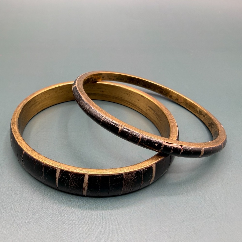 Black Gold Tone Bangle Bracelet Set Chunky Stackable Boho Vintage Statement
